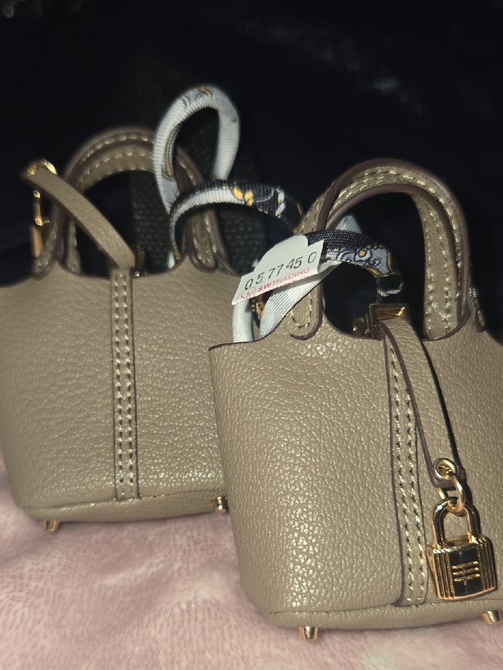 Taupe Mini Leather Tote Bag Charm with Gold Lock Accent